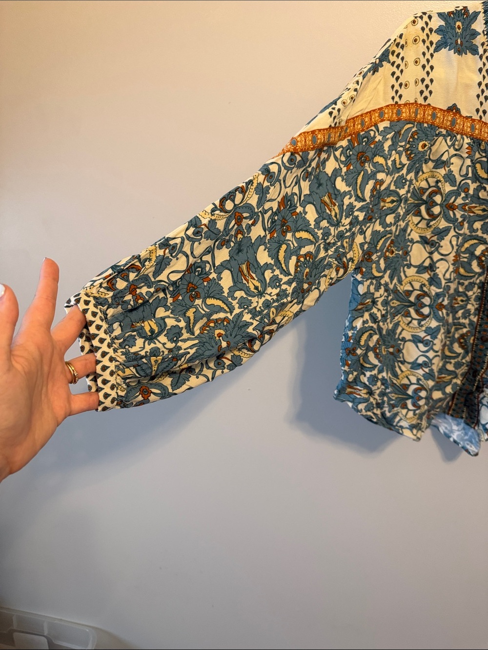 Anthropologie Teal, Cream & Orange Printed Button-Front Blouse - Picture 5 of 7